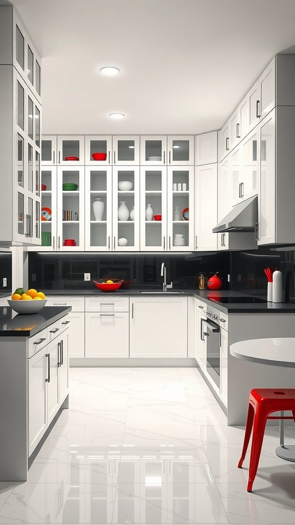 A modern kitchen featuring white cabinets, dark countertops, and colorful dishware.