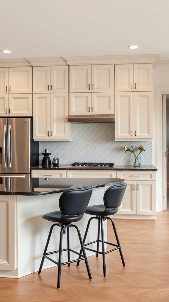 A modern kitchen featuring cream cabinets and dark countertops.