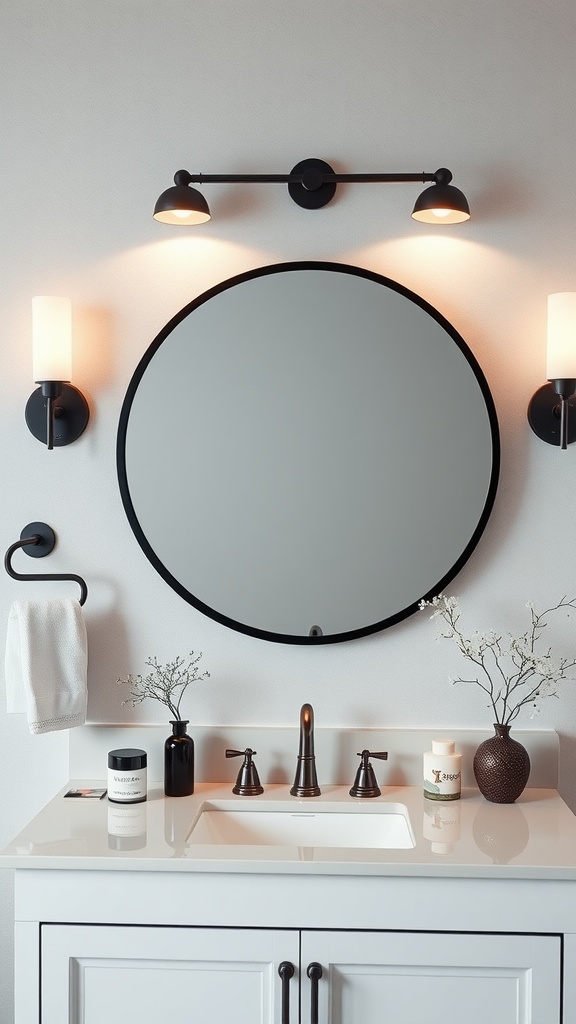 A modern black and white bathroom featuring a round mirror and stylish lighting.