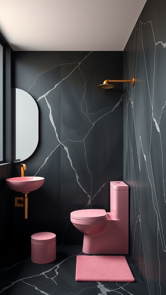 A modern bathroom featuring pink fixtures against black marble walls.