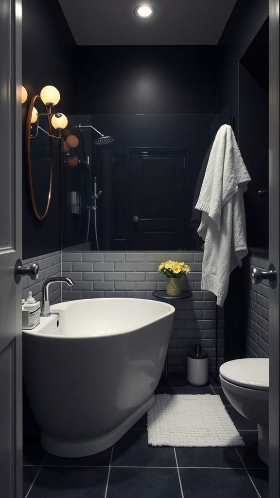 A modern dark bathroom featuring a white freestanding tub, white towels, and warm lighting