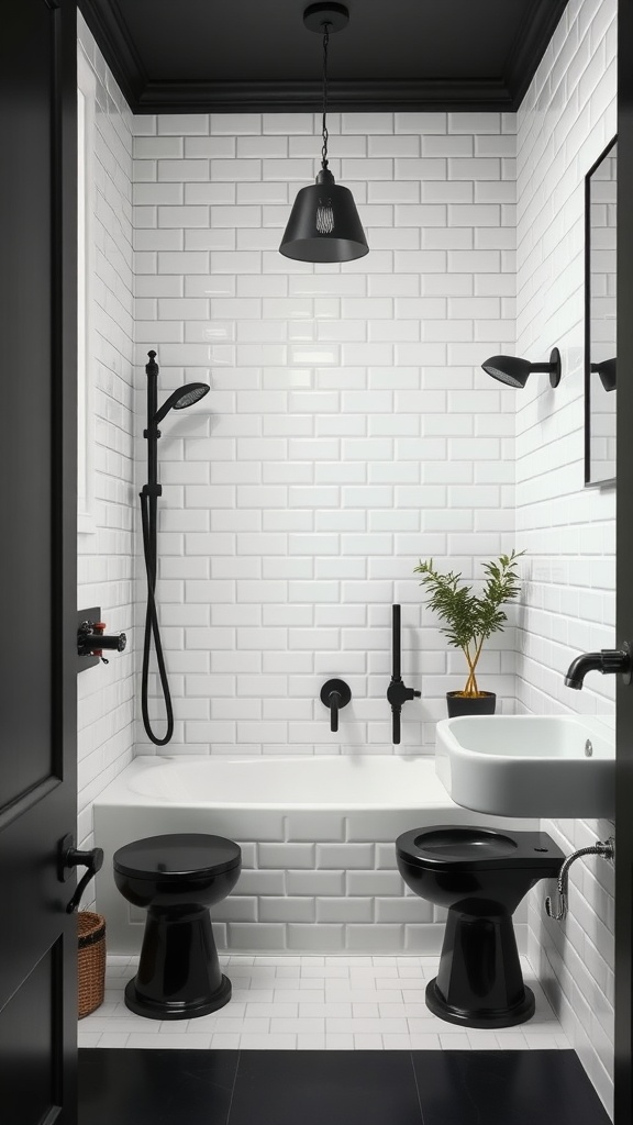 A modern bathroom featuring white subway tiles and black fixtures, including a black ceiling and a small plant decoration.