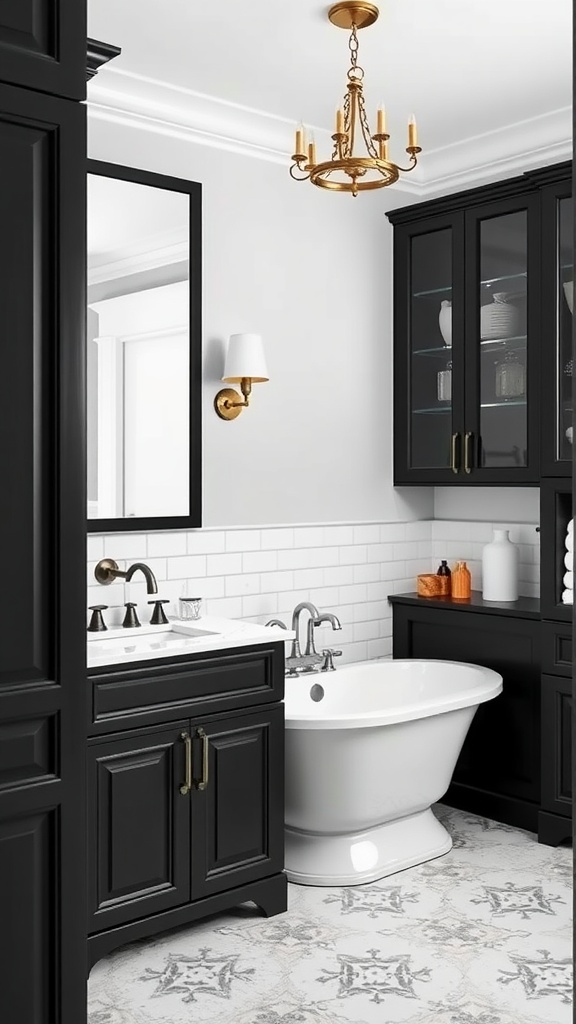 A stylish bathroom featuring black cabinets and white walls, with a gold chandelier.