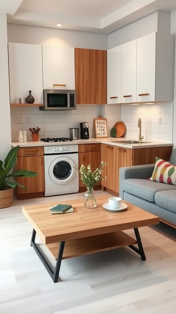 A cozy kitchen area featuring a convertible coffee table with a wooden top and black legs, surrounded by modern appliances and a comfortable sofa.