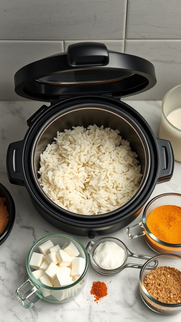 Cooked coconut rice in a rice cooker with ingredients like coconut milk, sugar, and spices around it.
