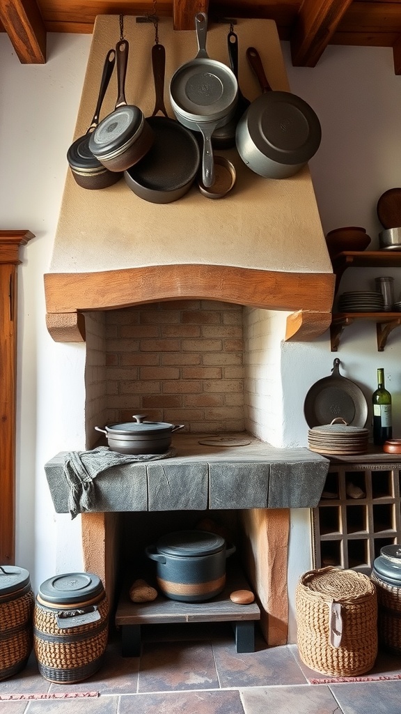 A rustic cooking hearth in an Italian farmhouse kitchen featuring vintage cookware and a cozy atmosphere.
