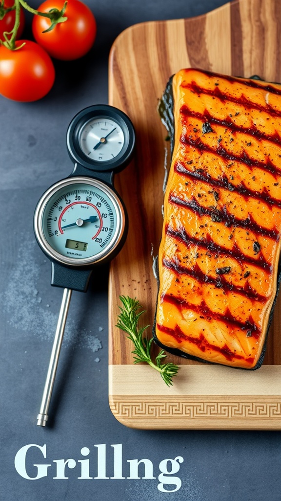 Grilled salmon with thermometer and cherry tomatoes on wooden board