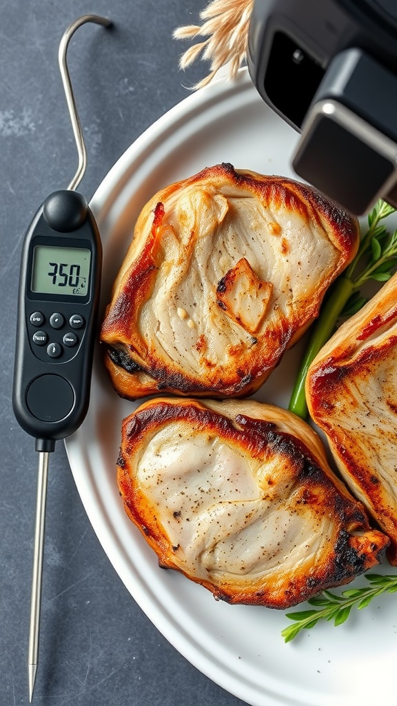 Air fryer pork chops served on a plate with a meat thermometer