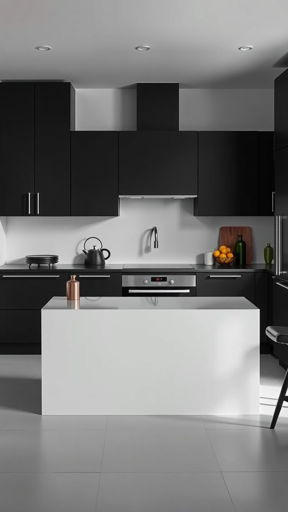 A modern kitchen with black cabinets and a white island