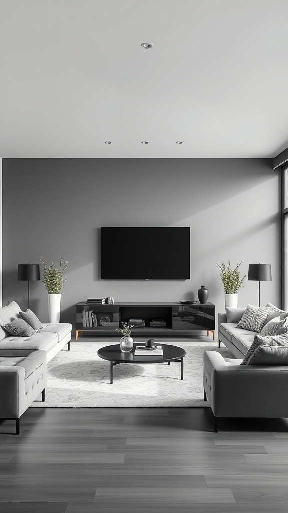 Modern living room with gray walls, gray sofas, and plants