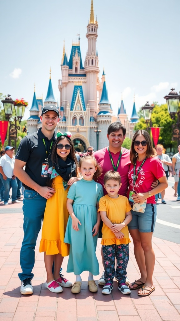 A family wearing coordinated outfits in front of Cinderella's Castle at Disney.