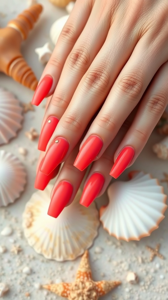 A hand with coral nails featuring gold accents, surrounded by seashells and starfish