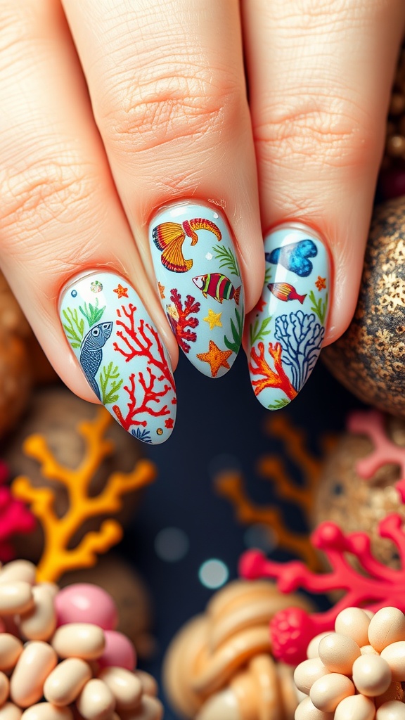 Coral Reef Almond Nail Design featuring colorful fish and coral patterns on a soft blue background.