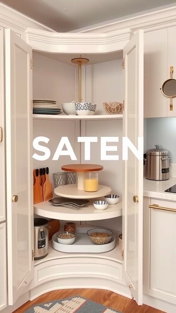 A modern corner kitchen cabinet with rounded doors, showcasing various tableware and kitchen items on circular shelves.