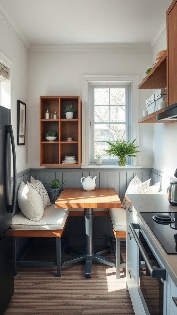Cozy corner nook table setup in a small kitchen with wooden accents and cushions