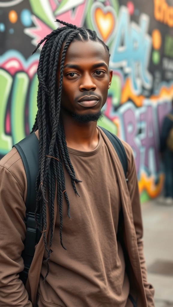 A young man with cornrow braids standing in front of a colorful graffiti wall.