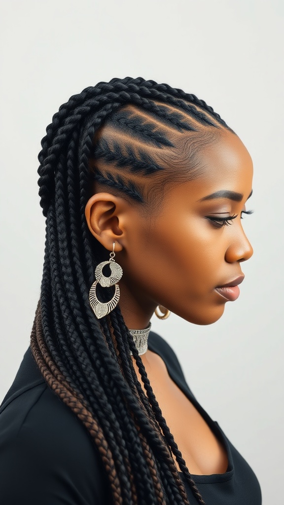 A woman with cornrow braids styled with intricate designs, showcasing unique patterns and accessorized with large earrings.