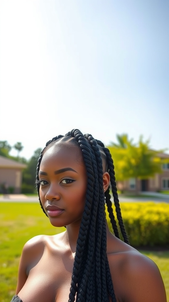A model showcasing a cornrow quick weave hairstyle with long braids, set against a sunny outdoor background.