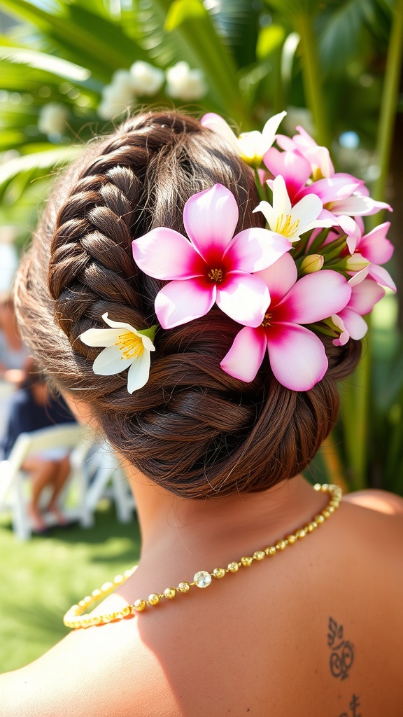 A close-up view of a cornrow updo adorned with pink and white flowers, showcasing a stylish hairstyle for black women.