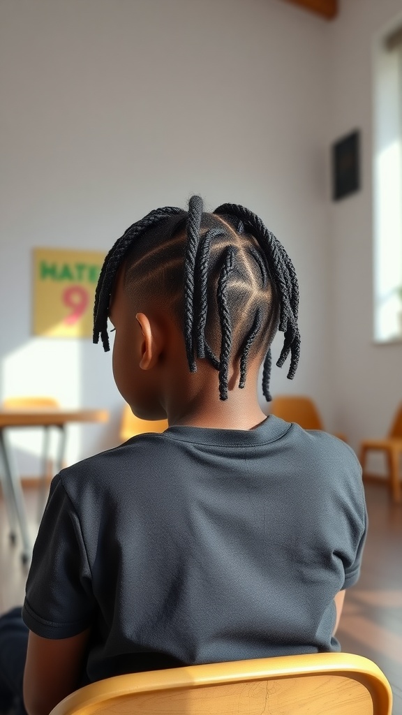 A young boy sitting with stylish cornrow braids, showcasing a neat and intricate design.