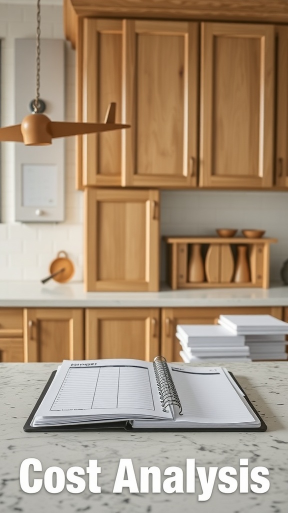 A kitchen featuring white oak cabinets, with a cost analysis planner on the counter.