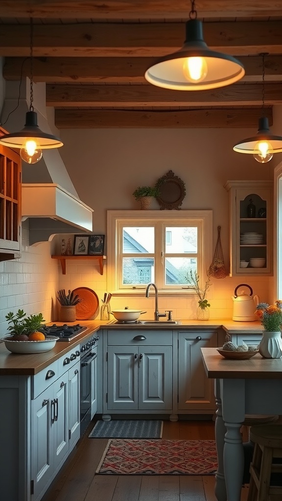 A cozy cottage-style kitchen with pendant lighting and wooden beams.