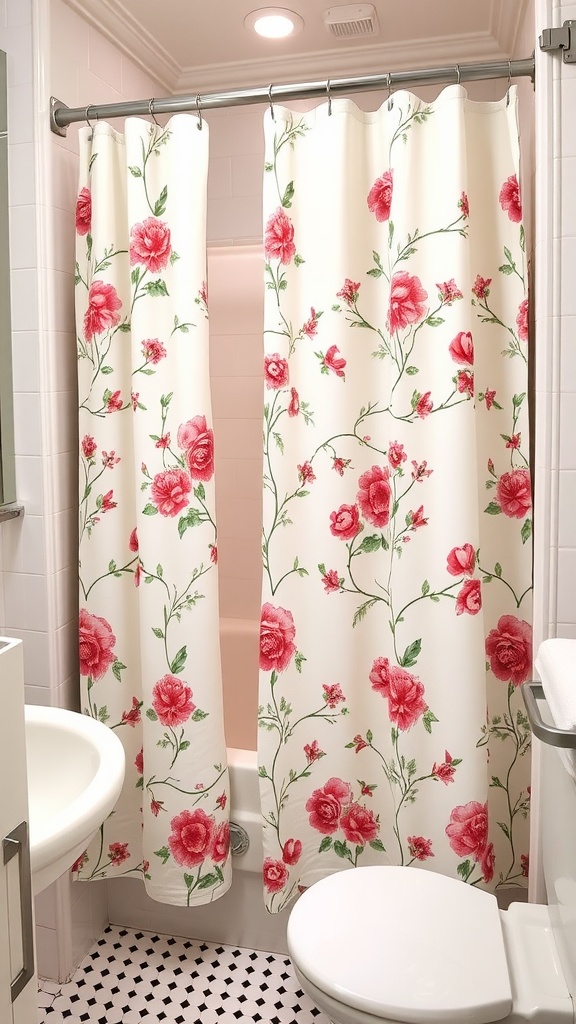 Cottage-style shower curtain with floral design in a small bathroom