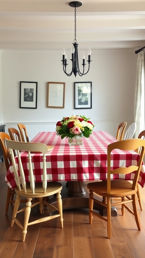 Cozy country-style dining area with a round table, red and white checkered tablecloth, and mismatched wooden chairs.