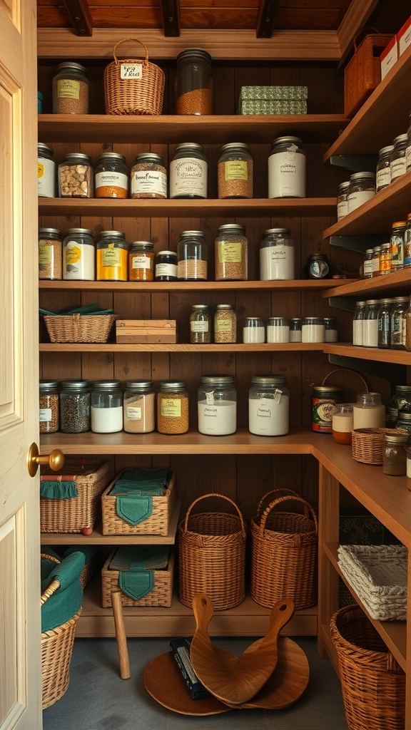A cozy country farmhouse pantry with wooden shelving, jars, and baskets organized neatly.