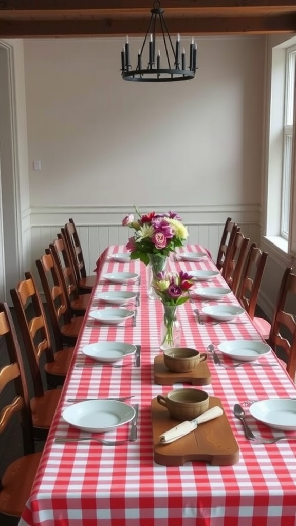 A country farmhouse dining table set with a checkered tablecloth, white plates, and a floral centerpiece under a chandelier.
