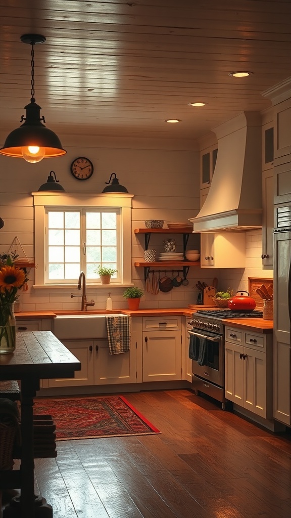 Country farmhouse kitchen with rustic lighting fixtures and warm tones.