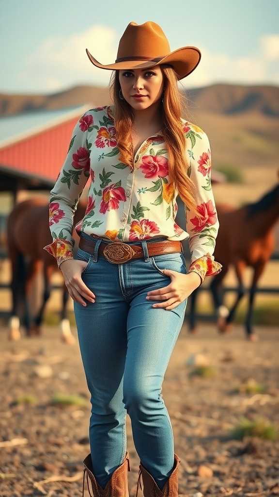 A woman in a floral button-up shirt and jeans with a cowboy hat, showcasing cowgirl chic style.