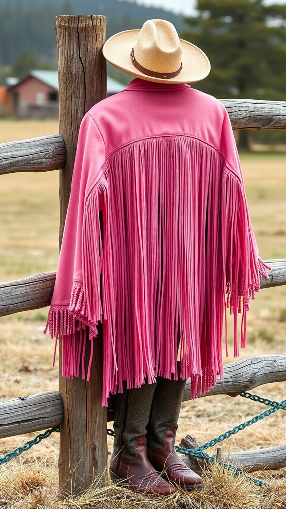 A pink fringe jacket hanging on a wooden fence, paired with a cowboy hat and brown cowboy boots, set against a rustic landscape.