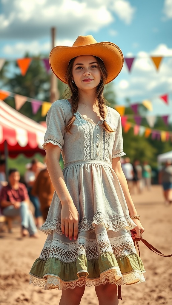 A young girl wearing a ruffled cowgirl dress with lace details and a wide-brimmed hat at a festival.