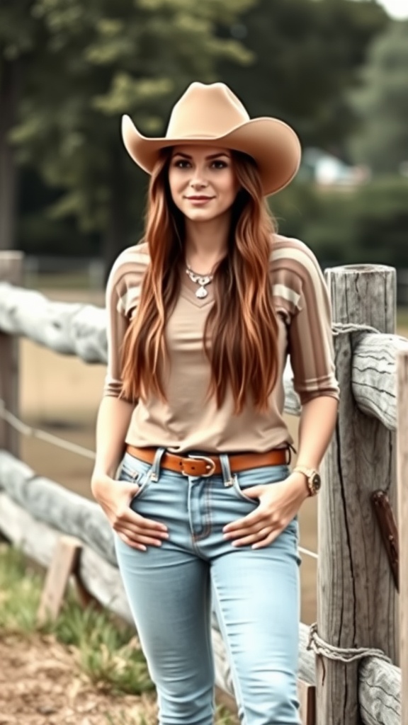 Woman wearing a cowgirl hat and casual Western outfit, standing by a wooden fence.
