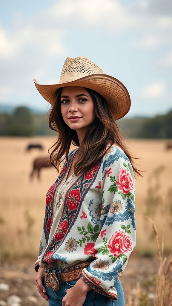 A woman wearing a straw cowgirl hat and a colorful printed blouse, standing in a field with horses in the background.