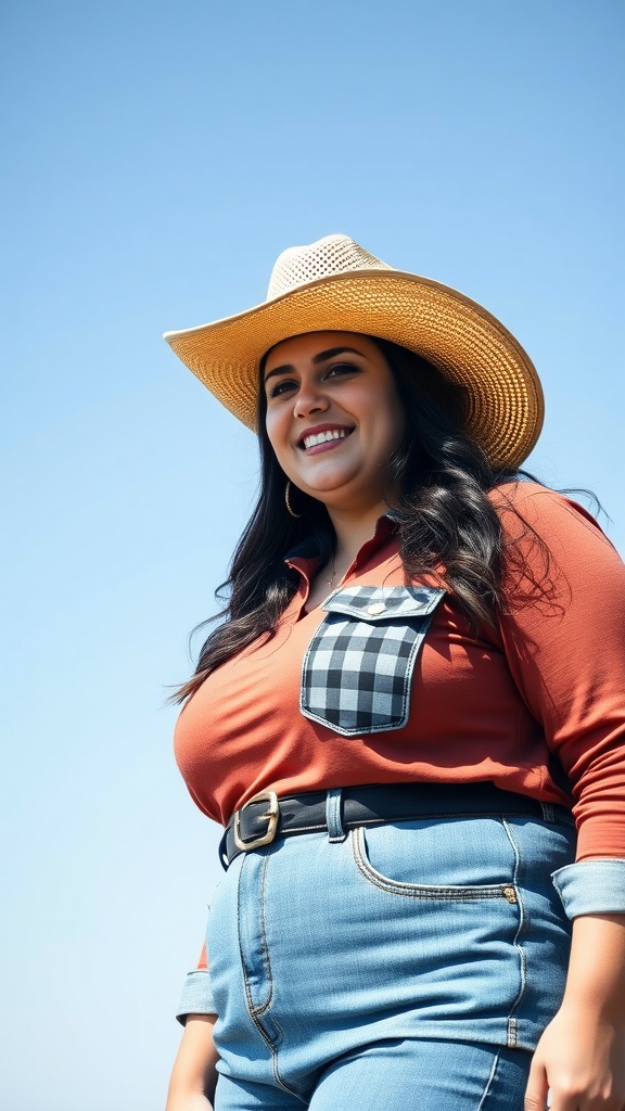 A woman wearing a straw cowgirl hat with a stylish outfit.