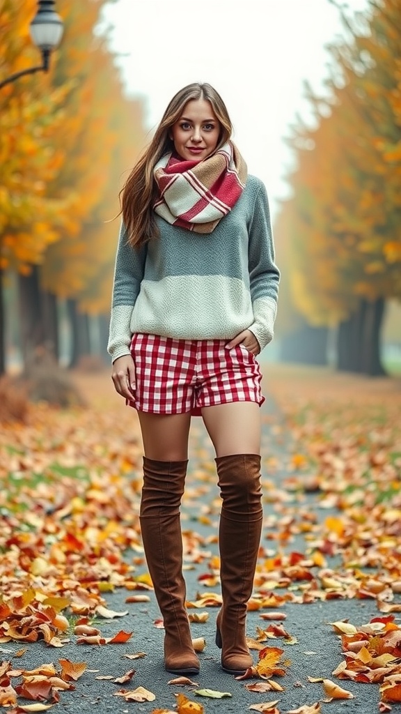 A woman wearing red gingham shorts, a cozy sweater, and a large scarf, walking on a leaf-covered path during autumn.