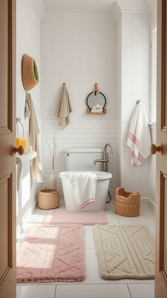 A cozy farmhouse bathroom with pink and beige bath mats, neutral towels, and decorative baskets.