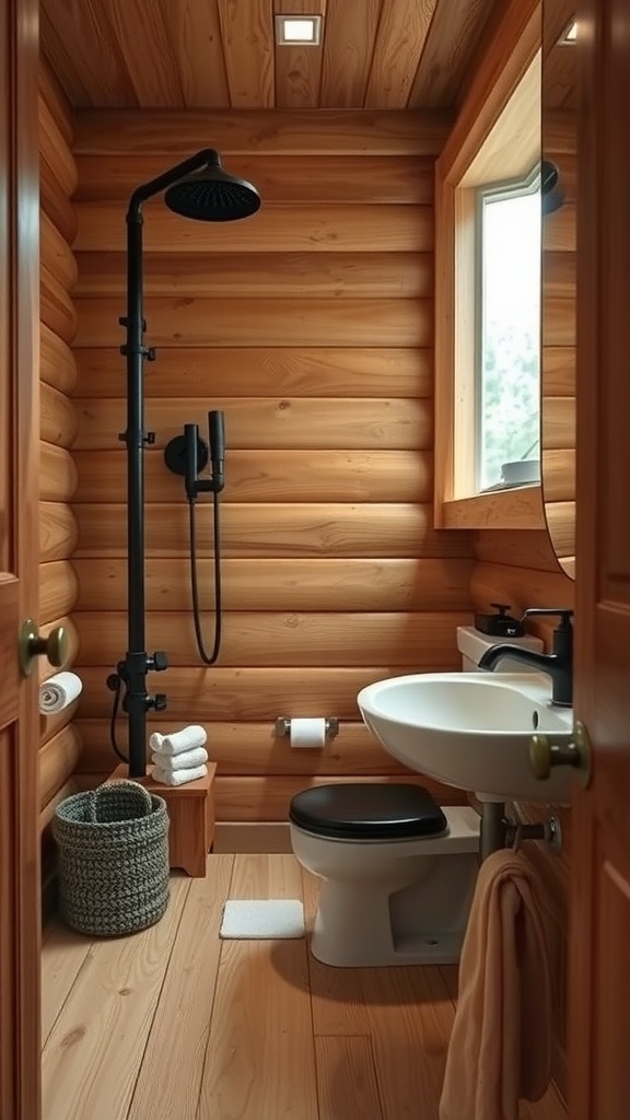 Cozy bathroom featuring black fixtures and wood walls