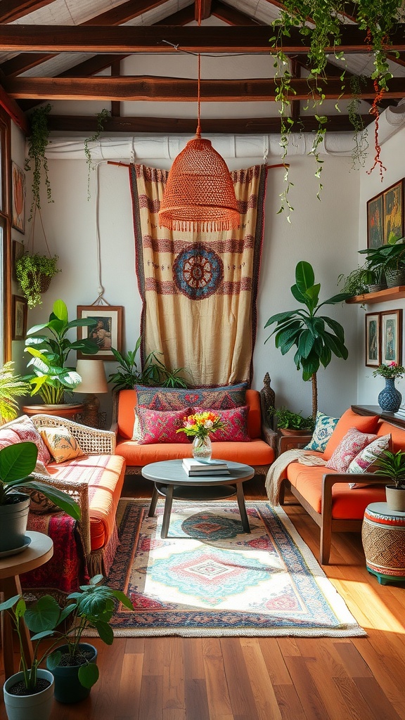 A cozy living room with orange sofas, vibrant pillows, plants, and a woven pendant light, showcasing bohemian decor.