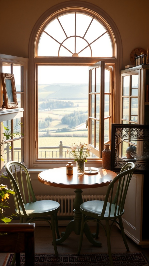 A cozy breakfast nook with a round wooden table and green chairs, featuring an open window showcasing a scenic view.