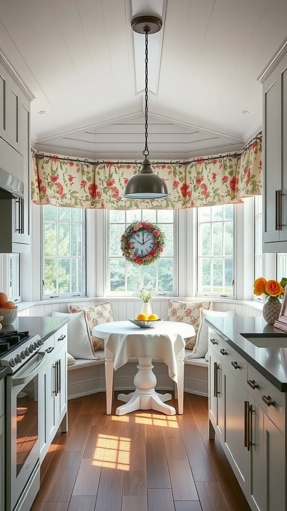 A cozy breakfast nook with floral curtains and a round table surrounded by large windows