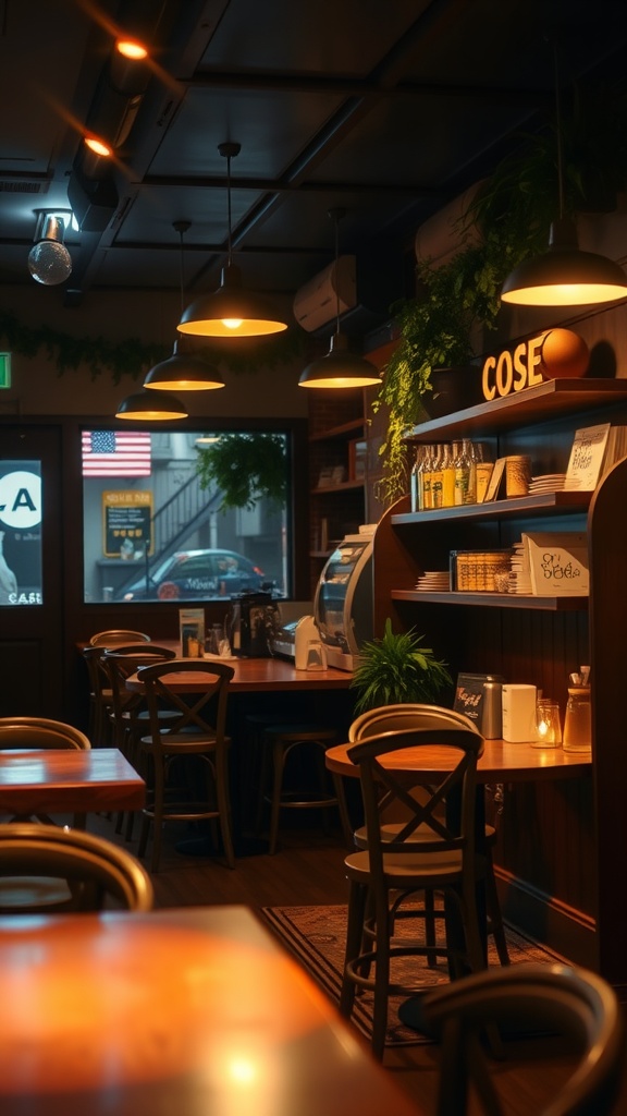 A cozy coffee bar with soft lighting, wooden tables, and inviting chairs.
