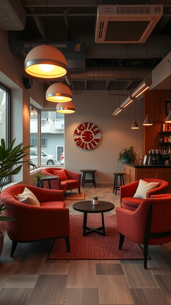 Cozy coffee lounge with red armchairs and warm lighting.