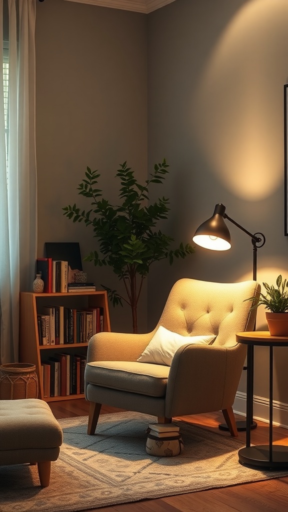 Cozy reading nook in living room with armchair, ottoman, lamp, and bookshelf