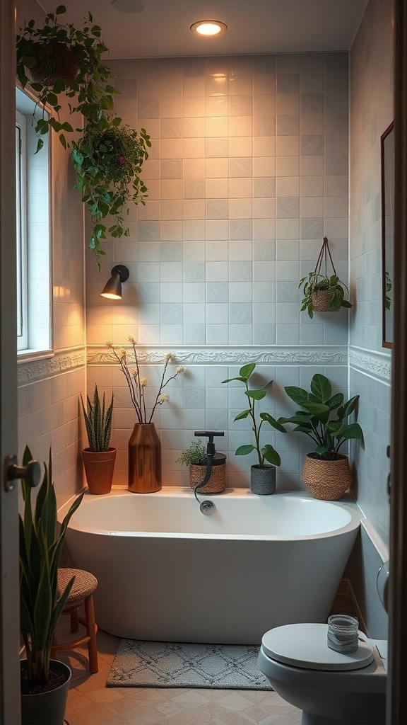 A cozy bathroom with a corner bathtub, plants, and warm lighting.