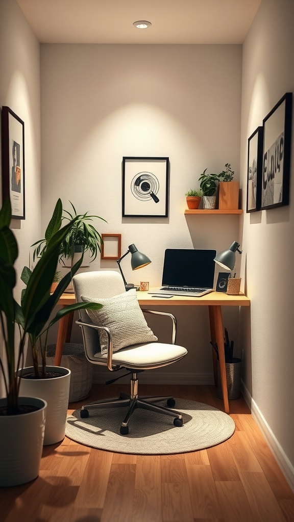 A cozy corner workspace featuring a desk with a computer, a comfortable chair, and plants, creating an inviting atmosphere.