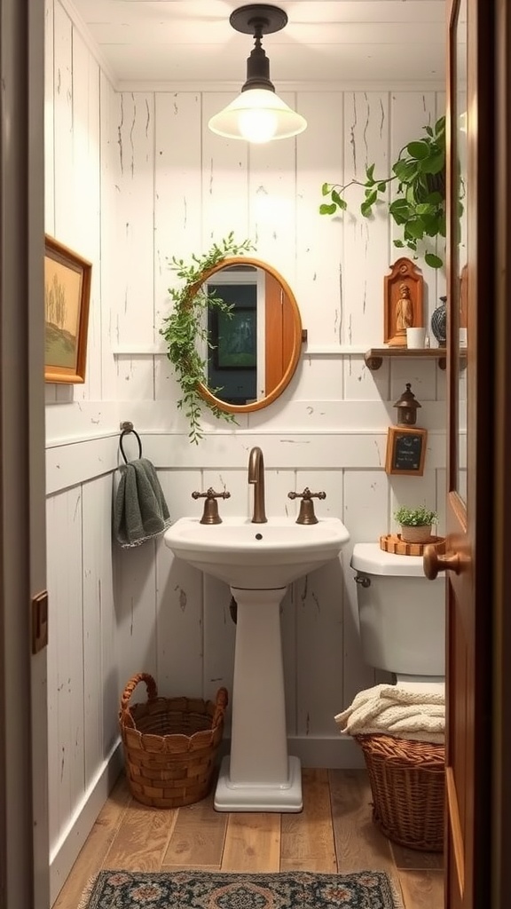 A cozy half bathroom with whitewashed walls, a pedestal sink, wooden flooring, and decorative plants.