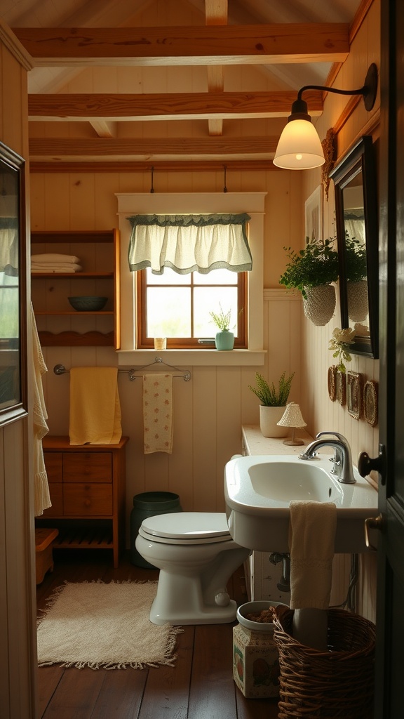 A cozy bathroom with wooden beams, a window with sheer curtains, potted plants, and warm tones.